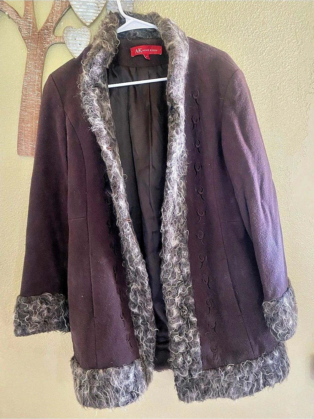 Anne Klein Faux Fur Trim Brown Wool Blend Size Medium